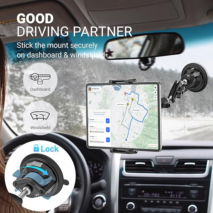 Car Dashboard Windshield Tablet Holder, [Strong Suction Cup & Metal Adjustable Arm] Vehicle/Truck Mount for iPad Pro 12.9/ Air/Mini, Galaxy Tab, All 6.1-15.6" Tablet and Phone