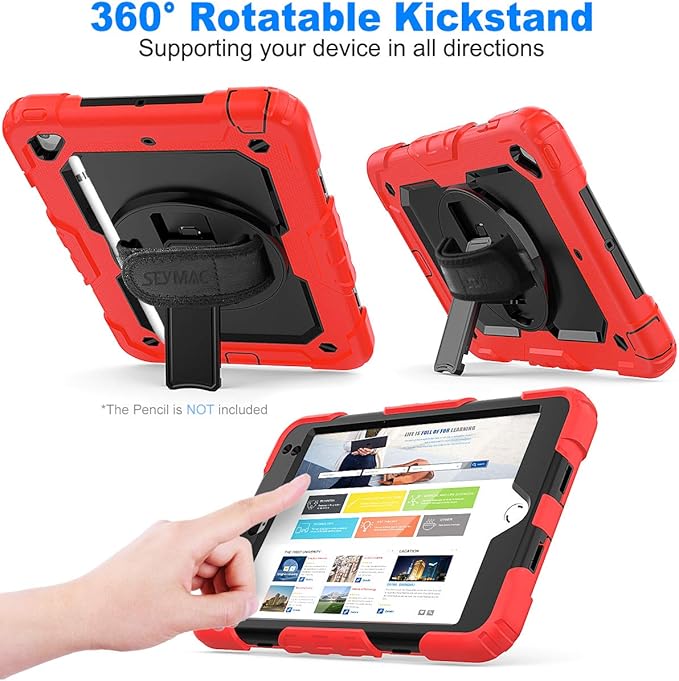 SEYMAC stock Case for iPad mini 5/4 with Screen Protector Pencil Holder [360 Rotating Hand Strap] & Stand, Drop-Proof Case for iPad mini 5th/4th Generation 7.9 inch (Black+Red)