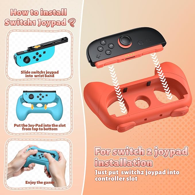 [Switch 1/2 Compatible] FASTSNAIL Grips for Nintendo Switch 2 (2025)/1&OLED for Joy-Con 2, Wear-Resistant & Anti-Slip Controller Grips Handle Kit, Switch 2 Joypad Holder Accessories (Orange,Blue)