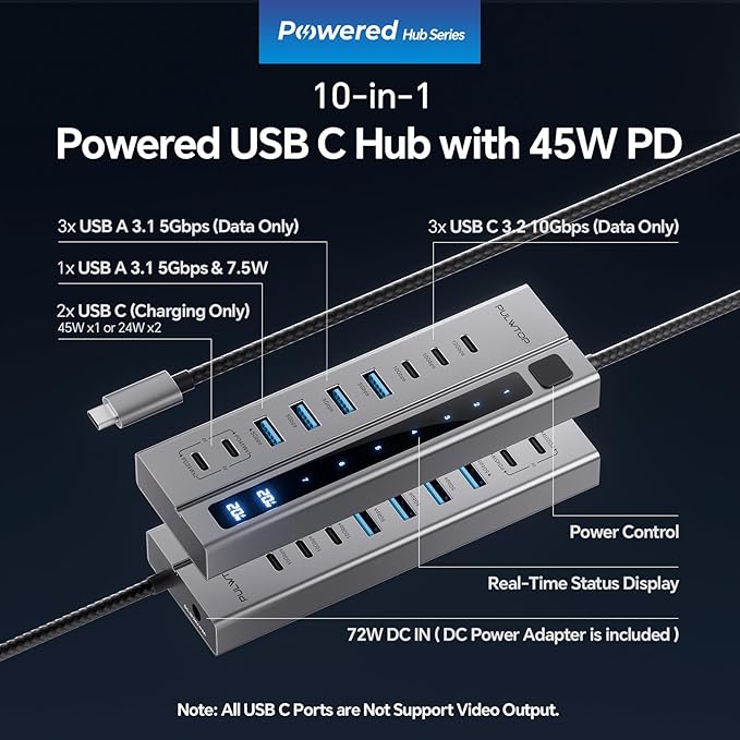 Powered USB C Hub, 9-in-1 USB-Hub suppprt 10Gbps & PD 45W Max Charging(Not Support Video), USB Powered Hub with 3 USB-C, 4 USB-A for Laptop, MacBook, iPad and More (72W Adapter Included)
