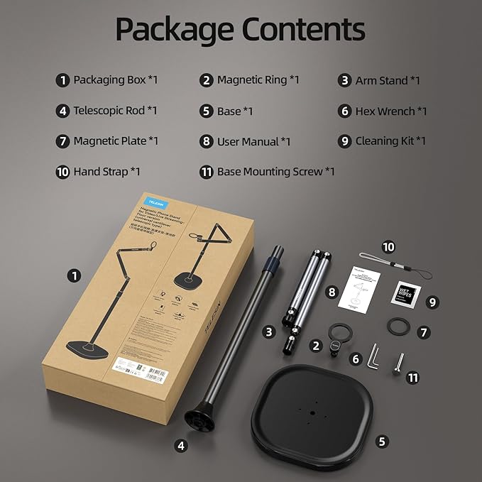 TELESIN° Magnetic Phone Tablet Floor Stand, Aluminum Alloy Phone Holder Stand for Video Recording, Overhead Bed/Sofa Phone Mount Height Adjustable Ultra Stable Base for Magsafe/iPhone/Android/iPad