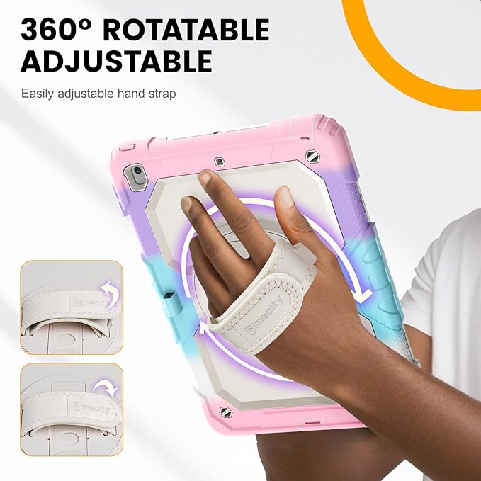 Timecity Case for iPad 9th/ 8th/ 7th Generation 10.2 inch - Heavy Duty Protective Cover with Screen Protector, Rotating Stand, Shoulder Strap & Pencil Holder | Kids-Friendly (Pink Camo)