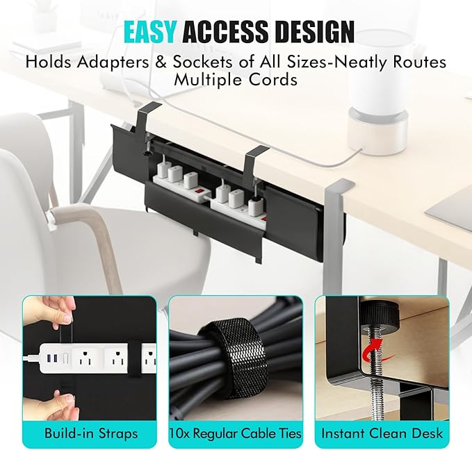 No Drill Under Desk Cable Management Tray - 36" Premium Fabric Cord Organizer for Table - with Silicone Pads & Cable Ties & Sticky Notes - Supports Up to 30lbs for Office & Home