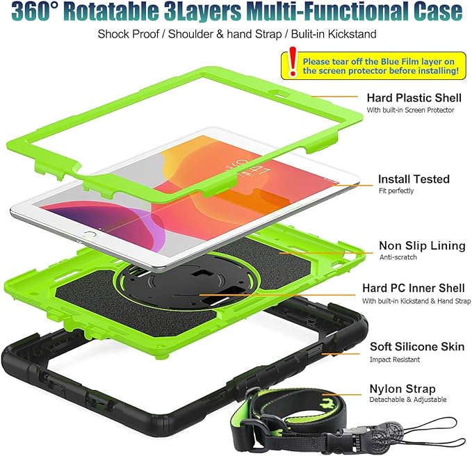 SEYMAC stock Case for iPad 9th/ 8th/ 7th Generation 10.2'', Shockproof with Screen Protector, Pencil Holder [360° Rotating Hand Strap] & Stand, for iPad 10.2 inch 2021-2019 (Green+Black)