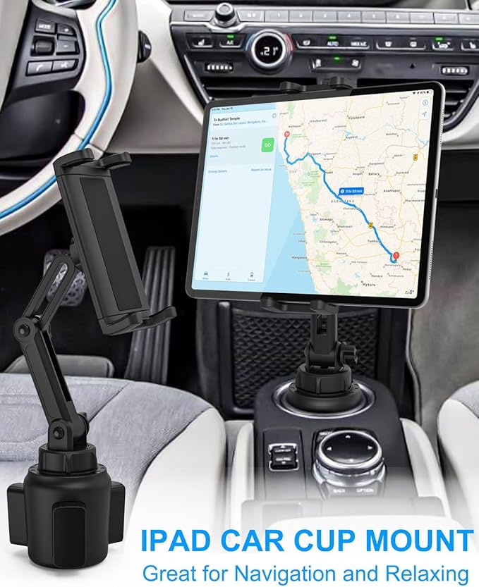Car Cup Holder Tablet Mount for iPad, [Height & Angle Adjustable] Truck Cup Mount Tablet Holder, Stable Vehicle Cup Stand for iPad 12.9 Pro Air Mini, Galaxy Tabs, Z Fold, iPhone, 4-13" Tablets