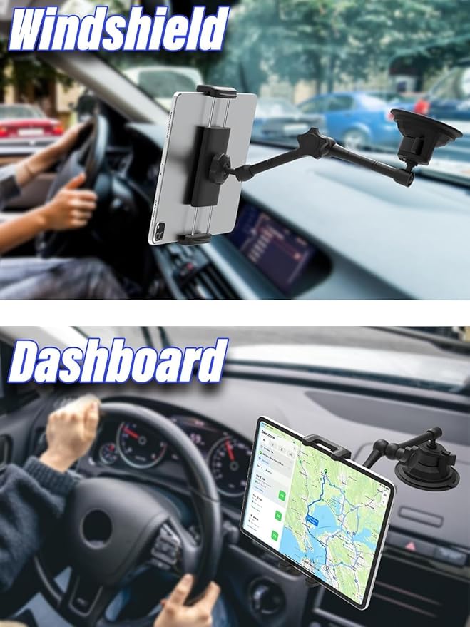 Charchendo Metal Car Windshield Tablet Holder with 10.43 inch Aluminum Alloy Arm, 360°Universal Adjustable Suction Cup Car Mount Fit for 4-13'' iPad Pro/Air/Mini, iPhones Galaxy Z Fold