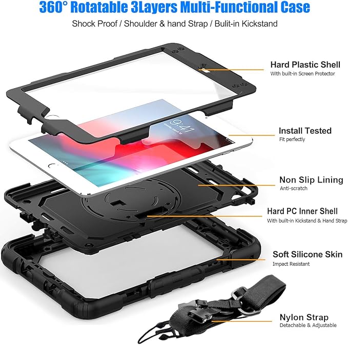 SEYMAC stock Case for iPad mini 5/4 with Screen Protector Pencil Holder [360 Rotating Hand Strap] & Stand, Drop-Proof Case for iPad mini 5th/4th Generation 7.9 inch (Black)