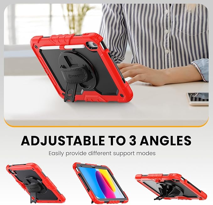 timecity for iPad (A16) 11th/ 10th Generation Case 11''/ 10.9 Inch (2025/2022) - Heavy Duty Protective Cover with Screen Protector, Stand, Shoulder Strap & Pencil Holder | Kids-Friendly - Red