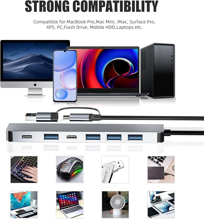 Aluminum 7 in 1 USB C/USB Hub, 2* USB C and 5* USB, USB 3.0 and USB 2.0 Ports, Ultra Slim Portable USB Splitter Adapter for Laptop, PS4, Flash Drive, HDD, Xbox, Printer, Mouse, Keyboard