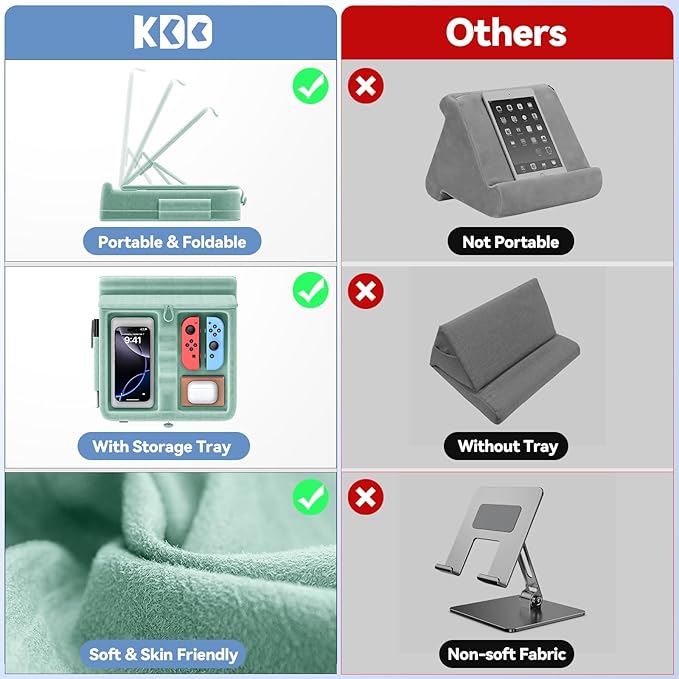 KDD Tablet Pillow Stand with Storage, Foldable iPad Holder for Bed, Lap and Desk, Angle Adjustable Soft Pad Dock with Stylus Mount Compatible with iPad Pro 12.9, 11, Air, Mini, Phones, Books (Green)