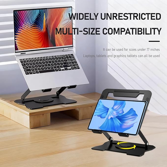 Djustable Laptop Stand with Dual Cooling Fans, Height Adjustable Ergonomic Aluminum Laptop Riser, 360° Rotating Base for Home Office & Gaming
