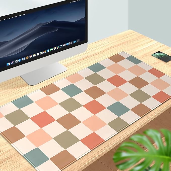 Boho Checker Desk Mat Beige Checkerboard Mouse Pad Large Aesthetic Desk Pad Extended Gaming Mousepad XXL Keyboard Pad Computer Laptop Mouse Mat Office Desktop Decor Pad 31.5x15.7 in