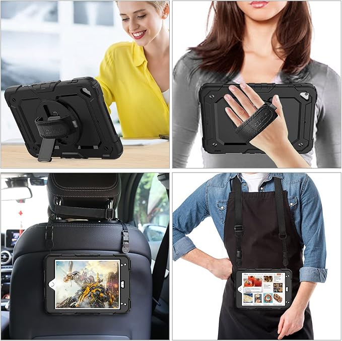 SEYMAC stock Case for iPad mini 5/4 with Screen Protector Pencil Holder [360 Rotating Hand Strap] & Stand, Drop-Proof Case for iPad mini 5th/4th Generation 7.9 inch (Black)