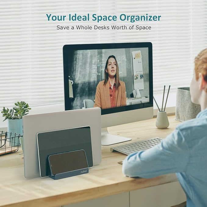 Vertical Laptop Stand - SPACEMax Adjustable GRIPLock Anti-Tip Silicone 4 Slots Aluminum Desktop Holder - Double Dock Stand - 2 Phone Slots Fits Up to 17.3” Laptops, Tablets, Phones - Gray