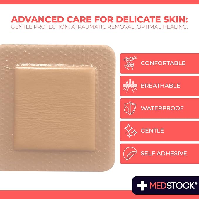 MEDSTOCK Silicone Foam Lite Dressing with Border, 4"x4" (Pack of 10), Comfortable Healing for Wounds, Waterproof, Gentle & Secure Adhesion