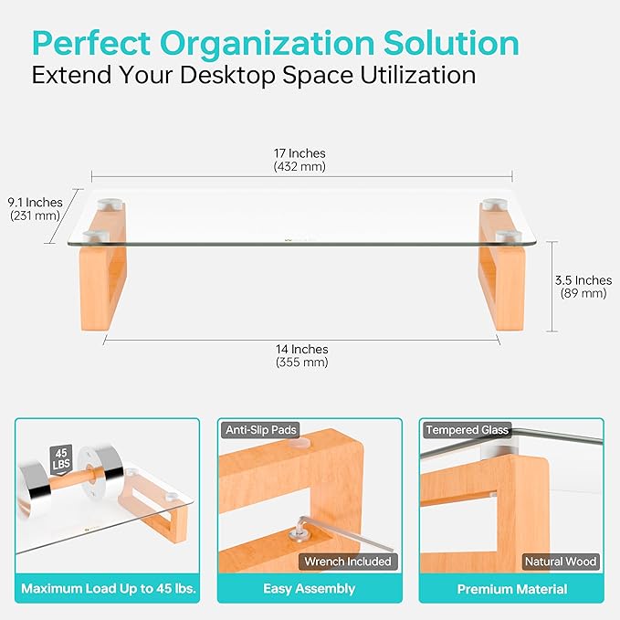 YEOUX Multi-Purpose Desktop Stand, Clear Floating Computer Monitor Riser with Natural Wood Base, Desk Organization Shelf for Printer, Laptop, Audio Device, Flat Screen