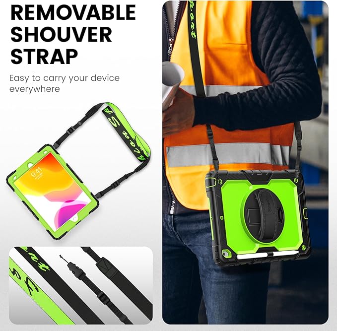 Timecity Case for iPad 9th/ 8th/ 7th Generation 10.2 inch - Heavy Duty Protective Cover with Screen Protector, Rotating Stand, Shoulder Strap & Pencil Holder | Kids-Friendly (Green)