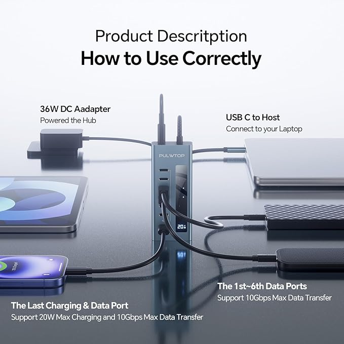USB C Hub for Laptop, PULWTOP 7 in 1 10Gbps USB Adapter Support Data & Charging(Not Support Video), USB Hub 10Gbps Ports for iMac, MacBook Pro/Air, iPad, XPS, USB Hub Multiport Adapter