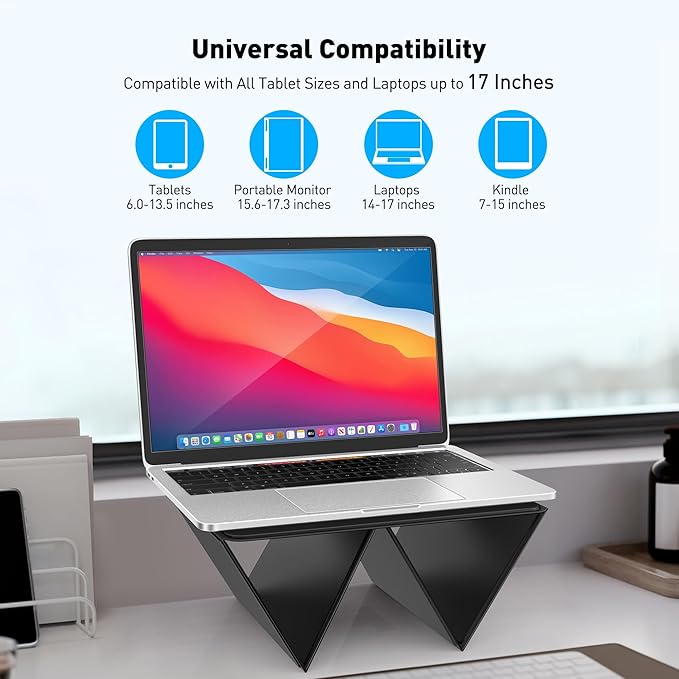 AboveTEK Ergonomic Laptop Stand & Tablet Holder for Desk,Portable Foldable Computer Riser,Adjustable Angle Travel Stand for MacBook Air/Pro,iPad,Fits 13-16 inch Devices,Ultra-Sleek PU Leather-(Black)