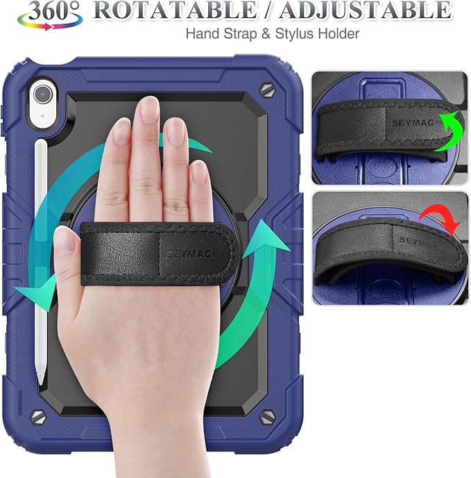 SEYMAC stock Case for iPad (A16) 11th/10th Generation 11''/10.9'' 2025/2022, Full-Body Drop Protection Case with Screen Protector &360° Rotate Hand Strap/Stand, Navy Blue