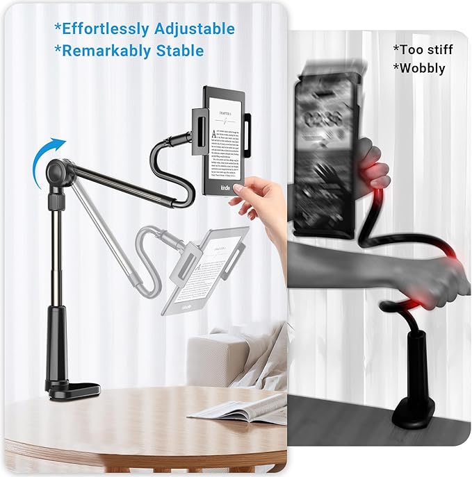 Foldable Tablet Holder for Kindle Reading in Bed with Remote Page Turner, No Stiff Easy Adjust Flexible Tablet Arm Desk Holder, Ereader Accessories for Kindle Paperwhite/Scribe/Oasis, iPad, Phone
