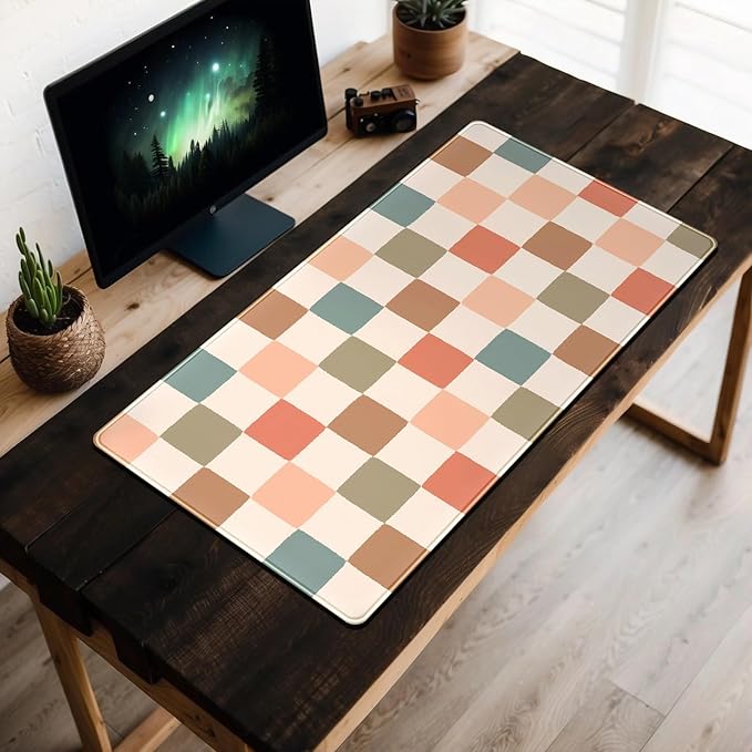 Boho Checker Desk Mat Beige Checkerboard Mouse Pad Large Aesthetic Desk Pad Extended Gaming Mousepad XXL Keyboard Pad Computer Laptop Mouse Mat Office Desktop Decor Pad 31.5x15.7 in