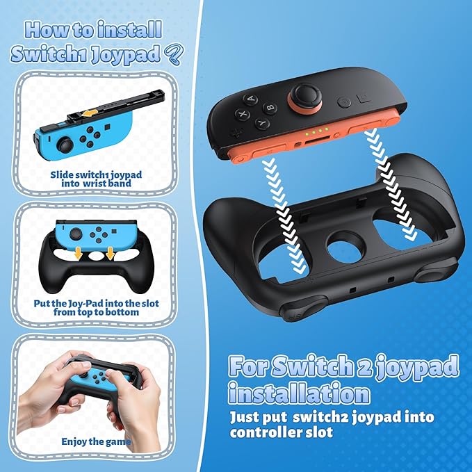 [Switch 1/2 Compatible] FASTSNAIL Grips for Nintendo Switch 2(2025)/1&OLED for Joy-Con 2, Wear-Resistant & Anti-Slip Controller Grips Handle Kit, Switch 2 Joypad Holder Accessories (Black,Black)