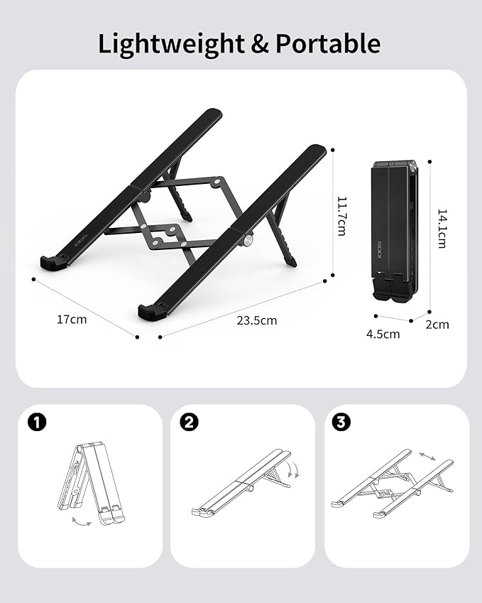 SODI 2025 Foldable Laptop Stand for Desk - Bi-fold Ergonomic Spring Adjustable Computer Holder, 3 in 1 Metal Portable Laptop Stand for Notebook, Phone, Tablet,10-16", Desk & Travel Use