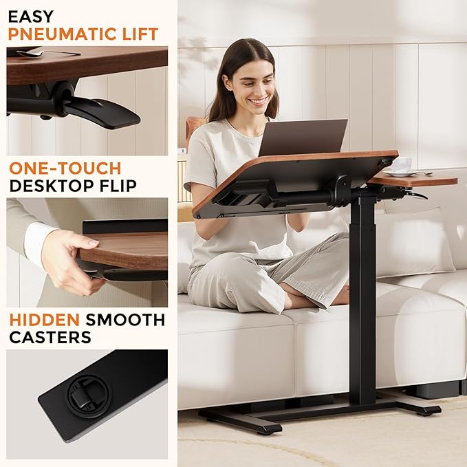 COMHOMA Tiltable Mobile Small Standing Desk, Pneumatic Adjustable Height Overbed Bedside Table with Wheels, Sit Stand Portable Rolling Laptop Desk Computer Workstations, Walnut