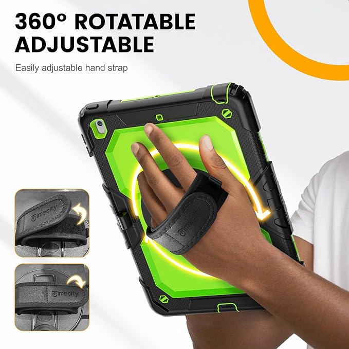 Timecity Case for iPad 9th/ 8th/ 7th Generation 10.2 inch - Heavy Duty Protective Cover with Screen Protector, Rotating Stand, Shoulder Strap & Pencil Holder | Kids-Friendly (Green)
