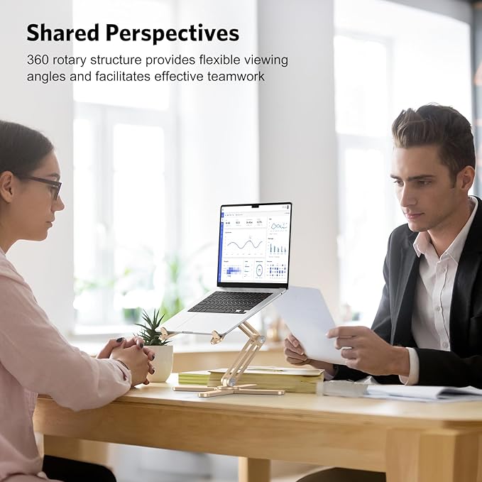 OMOTON 360 Rotating Laptop Stand Riser for Desk, Ergonomic Foldable Computer Stand Adjustable Height Angles for Collaborative Work, Easy Storage Fit Macbooks,All Laptops up to 16 inches, Gold