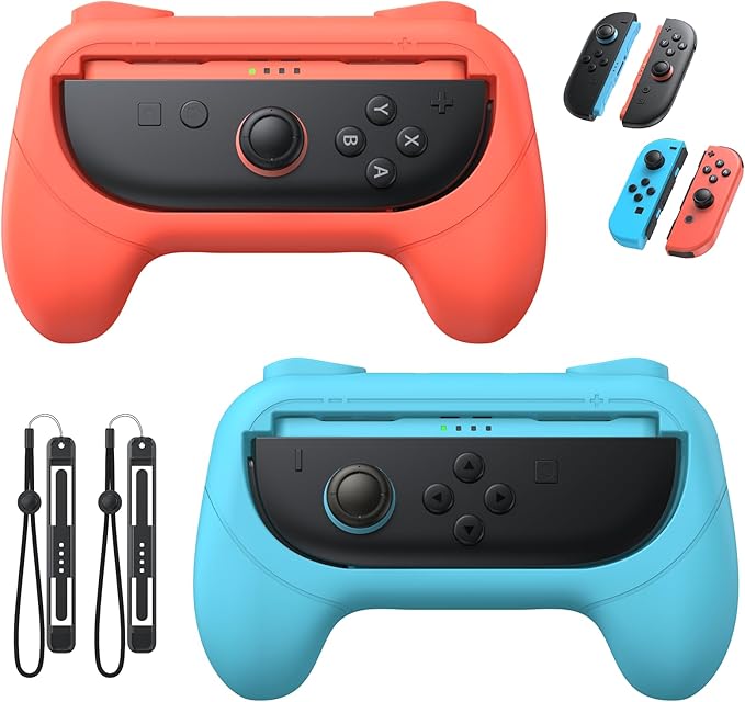 [Switch 1/2 Compatible] FASTSNAIL Grips for Nintendo Switch 2 (2025)/1&OLED for Joy-Con 2, Wear-Resistant & Anti-Slip Controller Grips Handle Kit, Switch 2 Joypad Holder Accessories (Orange,Blue)