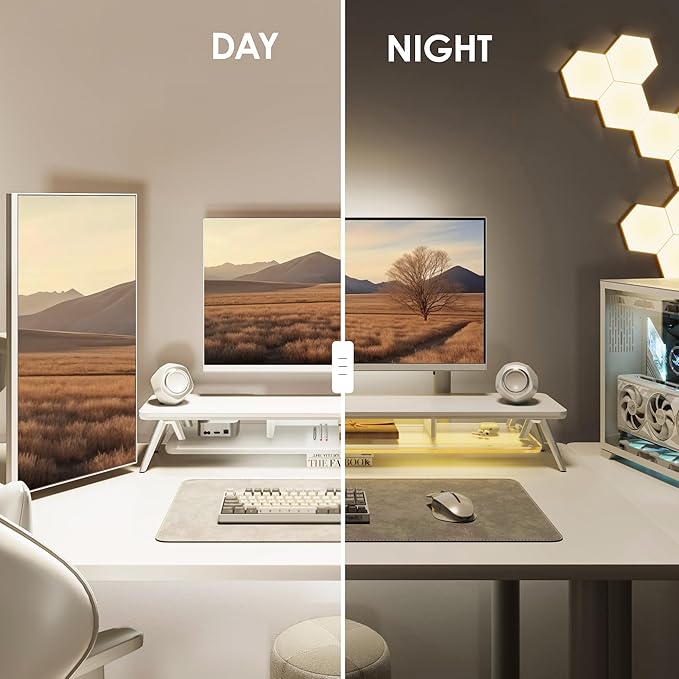 Fenge Dual Monitor Stand, 2 Tiers Acrylic Monitor Riser with LED Lights, 42.5 Inch Wood and Aluminum Desk Shelf with Phone and Tablet Holder