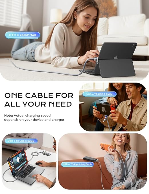 MAGIC JOHN 240W 4 in 1 Charging Cable, 4FT USB C to Lightning Cable [MFi Certified], Chubby USB A/C to C/Lightning with Light for iPhone/MacBook/iPad/Samsung/Switch 2, Multi Chargers for All Devices