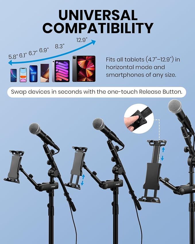 Moukey Adjustable Tablet Holder Clip-on Phone Mount for Mic Microphone Stand Music Stand, Compatible with All 4.7 to 12.9 Inches iPad, iPhone, Android Tablets, Pads, Smartphones
