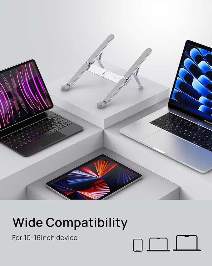 SODI Ultra Compact Foldable Laptop Stand - Portable Laptop Holder for Desk & Travel Use, Ergonomic Aluminum Computer Holder with Adjustable Height for MacBook, Tablet 10-16" (Light Gray, Bi-Fold)
