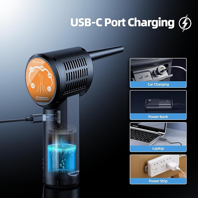 DOROBEEN Compressed Air Duster, Rechargeable Air Can, Electric Air Duster with BLDC Motor, Powerful Blower with LED Light, for PC Keyboard Cleaner with Accessories, (Black)