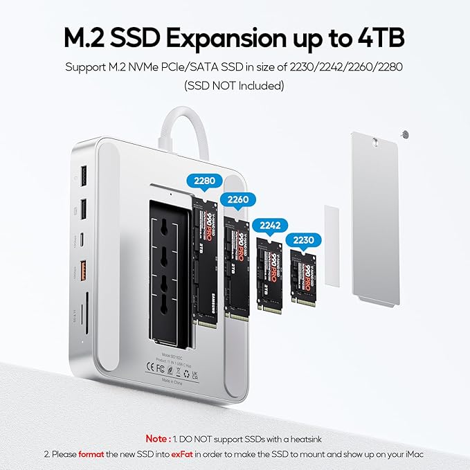 Upgraded 11 in 1 USB C Hub for iMac 24 inch USB Hub 2021 2023 2024 Support M.2 SSD (NOT Included), iMac Hub M1 M3 M4 Accessories, 4K HDMI, 2.5G Ethernet, 5 USB A/C Max 10Gbps, SD/TF - Silver