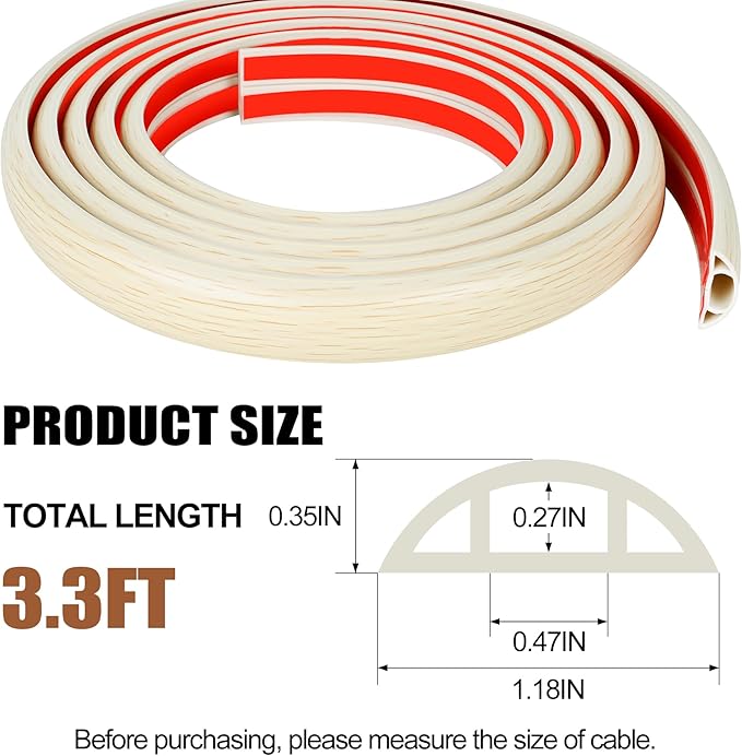 MYFAMIREA 3.3FT Floor Cord Cover for Wire Self Adhesive Cable Cavity Management PVC Extension Cord Hider Power Floor Wire Protector Prevent Cable Trips for Office Home Outdoor (Beige Wood, 1.18'')