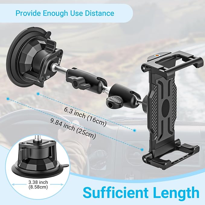 Car Dashboard Windshield Tablet Holder, [Strong Suction Cup & Metal Adjustable Arm] Vehicle/Truck Mount for iPad Pro 12.9/ Air/Mini, Galaxy Tab, All 6.1-15.6" Tablet and Phone