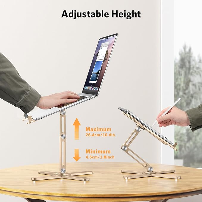 OMOTON 360 Rotating Laptop Stand Riser for Desk, Ergonomic Foldable Computer Stand Adjustable Height Angles for Collaborative Work, Easy Storage Fit Macbooks,All Laptops up to 16 inches, Gold