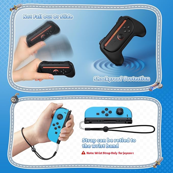 [Switch 1/2 Compatible] FASTSNAIL Grips for Nintendo Switch 2(2025)/1&OLED for Joy-Con 2, Wear-Resistant & Anti-Slip Controller Grips Handle Kit, Switch 2 Joypad Holder Accessories (Black,Black)