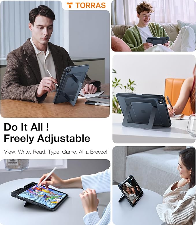 TORRAS for iPad Pro 11 inch Case 2025 M5 & 2024 M4, Ultra Stable Stand, Multiple Adjustable Viewing Angles, Slim Protective Kickstand Cover, Translucent iPad 11 Pro Case with Pencil Holder, Black