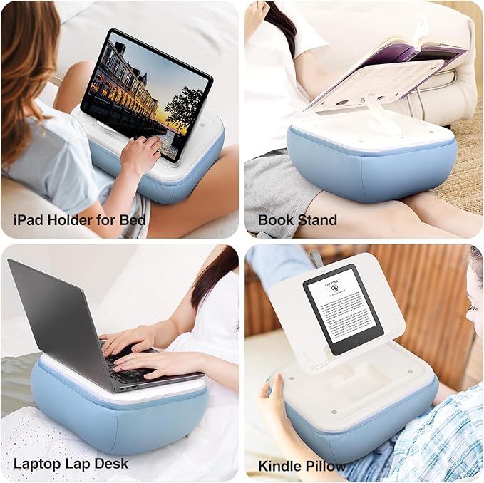 elitehood Tablet Pillow Stand, Foldable iPad Stand for Lap, Adjustable Book Bed Holder for Reading, Pillow Pad for 4.7"-15.6" Tablets, iPad Pro 11, 13, Air, Kindle, Galaxy Tab, Books, Blue