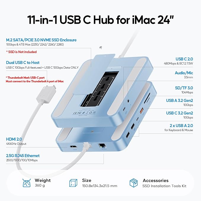 Upgraded 11 in 1 USB C Hub for iMac 24 inch USB Hub 2021 2023 2024 Support M.2 SSD (NOT Included), iMac Hub M1 M3 M4 Accessories, 4K HDMI, 2.5G Ethernet, 5 USB A/C Max 10Gbps, SD/TF - Blue