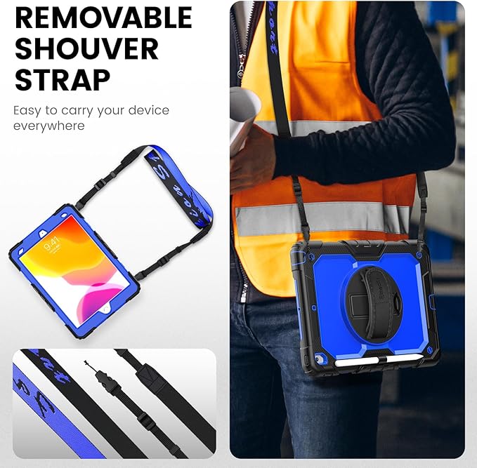 Timecity Case for iPad 9th/ 8th/ 7th Generation 10.2 inch - Heavy Duty Protective Cover with Screen Protector, Rotating Stand, Shoulder Strap & Pencil Holder | Kids-Friendly (Dark Blue)