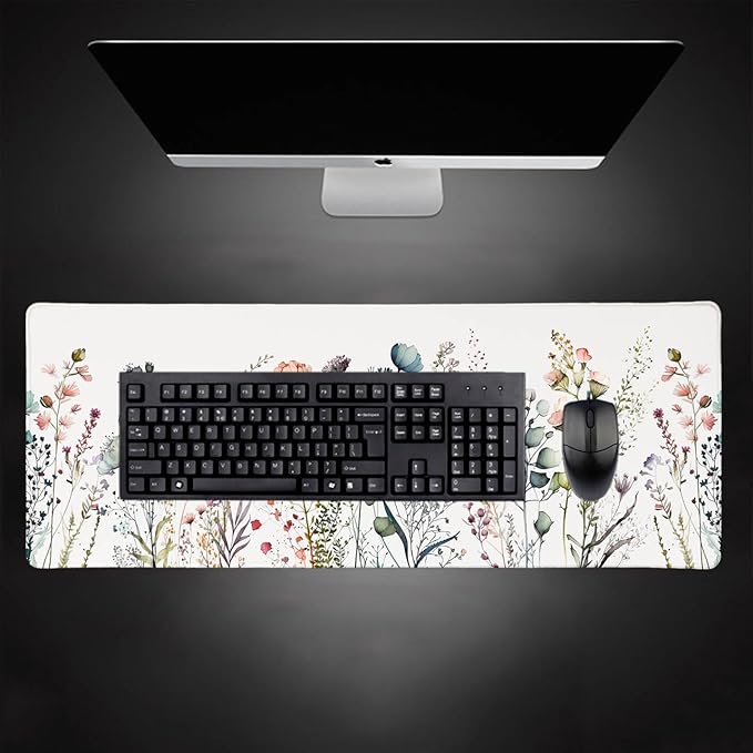 Floral Desk Mat, Beige Boho Desk Pad, Large Extend Mouse Pad XL, Cute Minimalist Flowers Esthetics Desktop Mat Laptop Mat for Office Home, Gift for Women