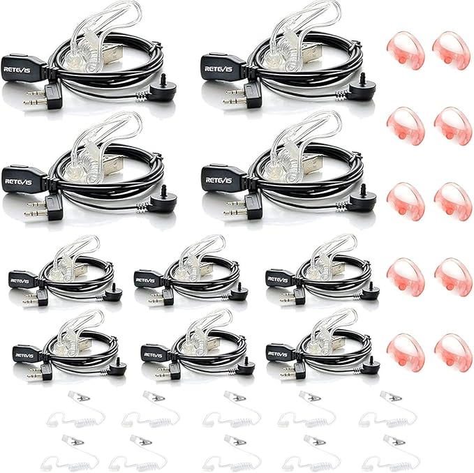 Retevis Radio Earpiece, Additional Acoustic Tube and Soft Silicone Earbuds(5 Pairs), for RT22 RT21 H777, Compatible with Baofeng Pxton Kenwood Two Way Radio, Walkie Talkie Earpiece with Mic(10 Pack)