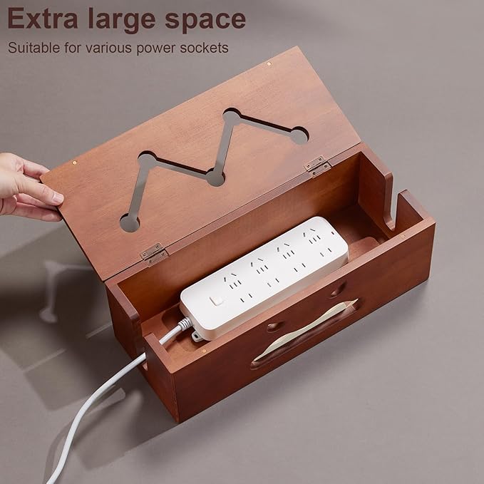 Large Cable Management Box,Cord Organizer Box with Cable Sleeves and Cable Tie,Wooden Cord Hider Box for Wires on Floor,Power Strip Hider for Home,Office,Under Desk