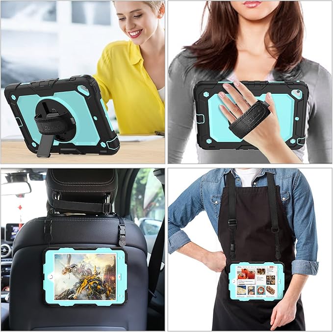 SEYMAC stock Case for iPad mini 5/4 with Screen Protector Pencil Holder [360 Rotating Hand Strap] & Stand, Drop-Proof Case for iPad mini 5th/4th Generation 7.9 inch (SkyBlue+Black)